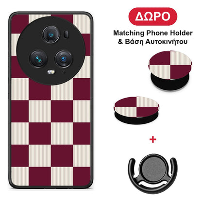 Burgundy and Cream Striped Checks - Honor Magic5 Pro θήκη + Δώρο Phone Holder & Βάση Αυτοκινήτου