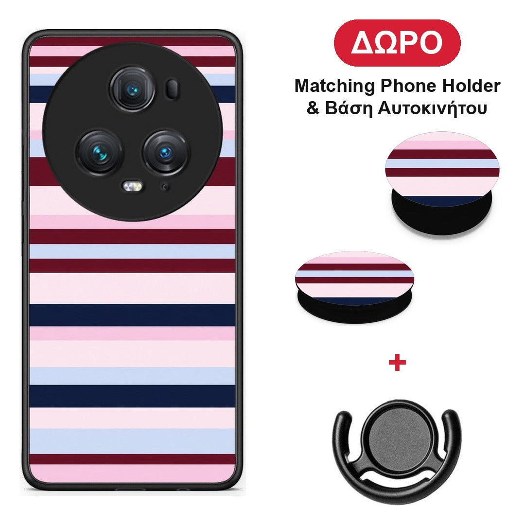 Burgundy Pink and Blue Horizontal Stripes - Honor Magic5 Pro θήκη + Δώρο Phone Holder & Βάση Αυτοκινήτου