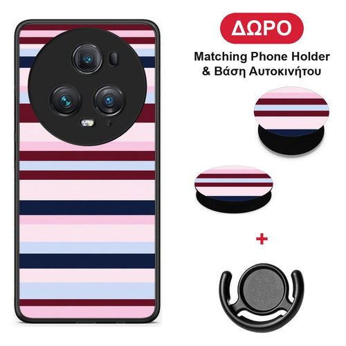 Burgundy Pink and Blue Horizontal Stripes - Honor Magic5 Pro θήκη + Δώρο Phone Holder & Βάση Αυτοκινήτου