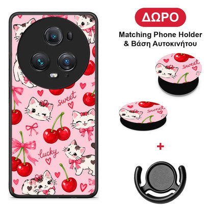 Cherries Bows and Kittens on Pink - Honor Magic5 Pro θήκη + Δώρο Phone Holder & Βάση Αυτοκινήτου