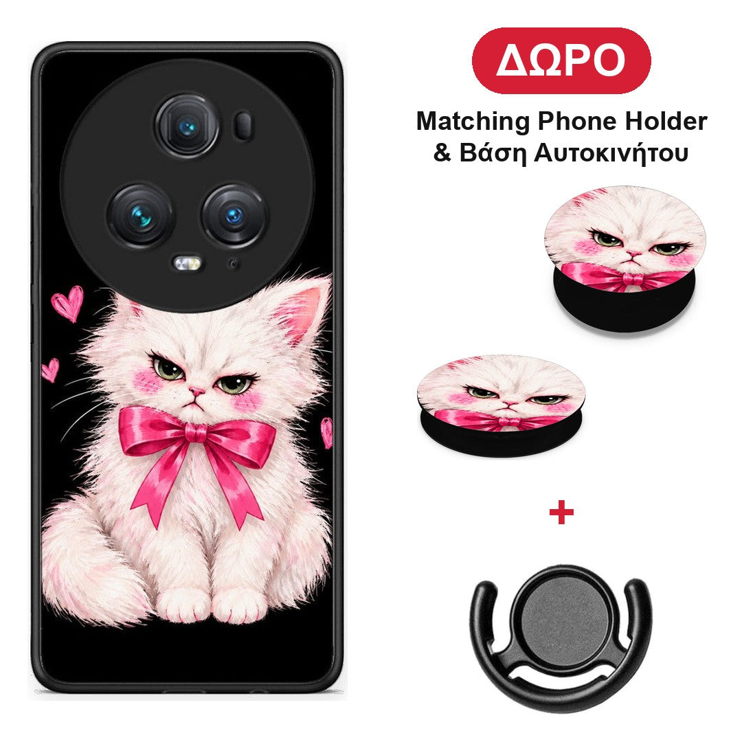 Grumpy Party Kitten on Black - Honor Magic5 Pro θήκη + Δώρο Phone Holder & Βάση Αυτοκινήτου