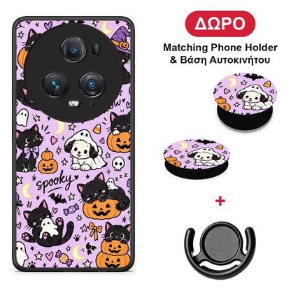 Halloween Black Cats on Lilac - Honor Magic5 Pro θήκη + Δώρο Phone Holder & Βάση Αυτοκινήτου