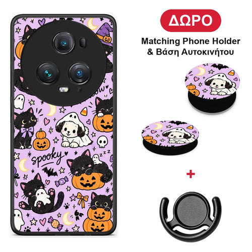 Halloween Black Cats on Lilac - Honor Magic5 Pro θήκη + Δώρο Phone Holder & Βάση Αυτοκινήτου