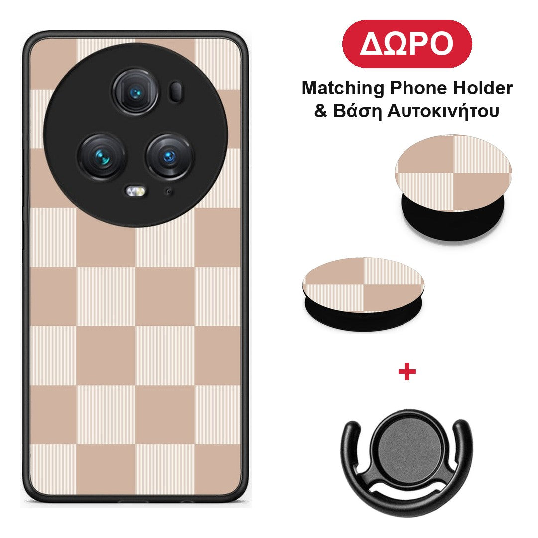 Latte and Cream Striped Checks - Honor Magic5 Pro θήκη + Δώρο Phone Holder & Βάση Αυτοκινήτου