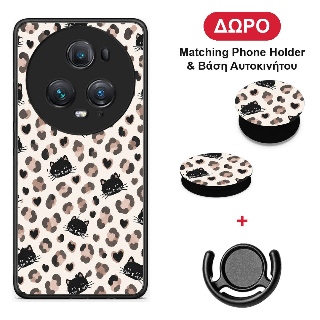 Leopard Spots and Black Cats on Cream - Honor Magic5 Pro θήκη + Δώρο Phone Holder & Βάση Αυτοκινήτου