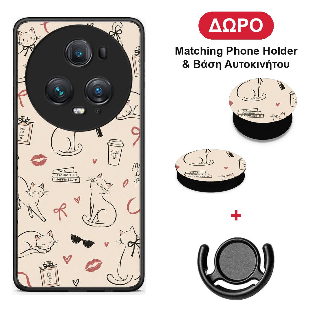 Minimal Cat and Fashion Doodles on Cream - Honor Magic5 Pro θήκη + Δώρο Phone Holder & Βάση Αυτοκινήτου