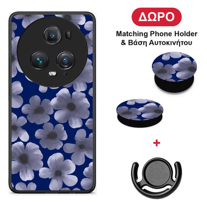 Pale Blue Flowers on Navy - Honor Magic5 Pro θήκη + Δώρο Phone Holder & Βάση Αυτοκινήτου