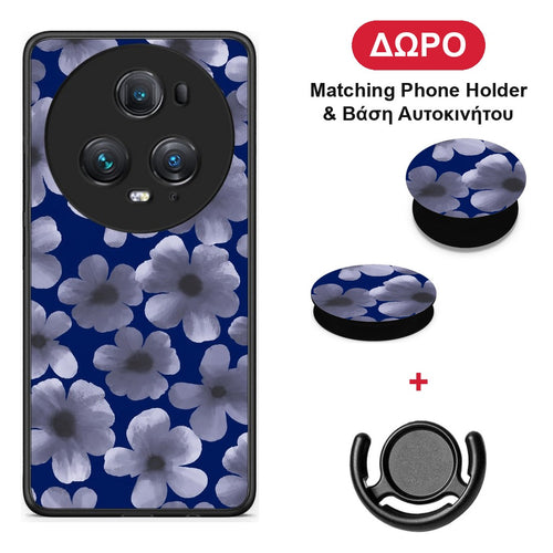 Pale Blue Flowers on Navy - Honor Magic5 Pro θήκη + Δώρο Phone Holder & Βάση Αυτοκινήτου