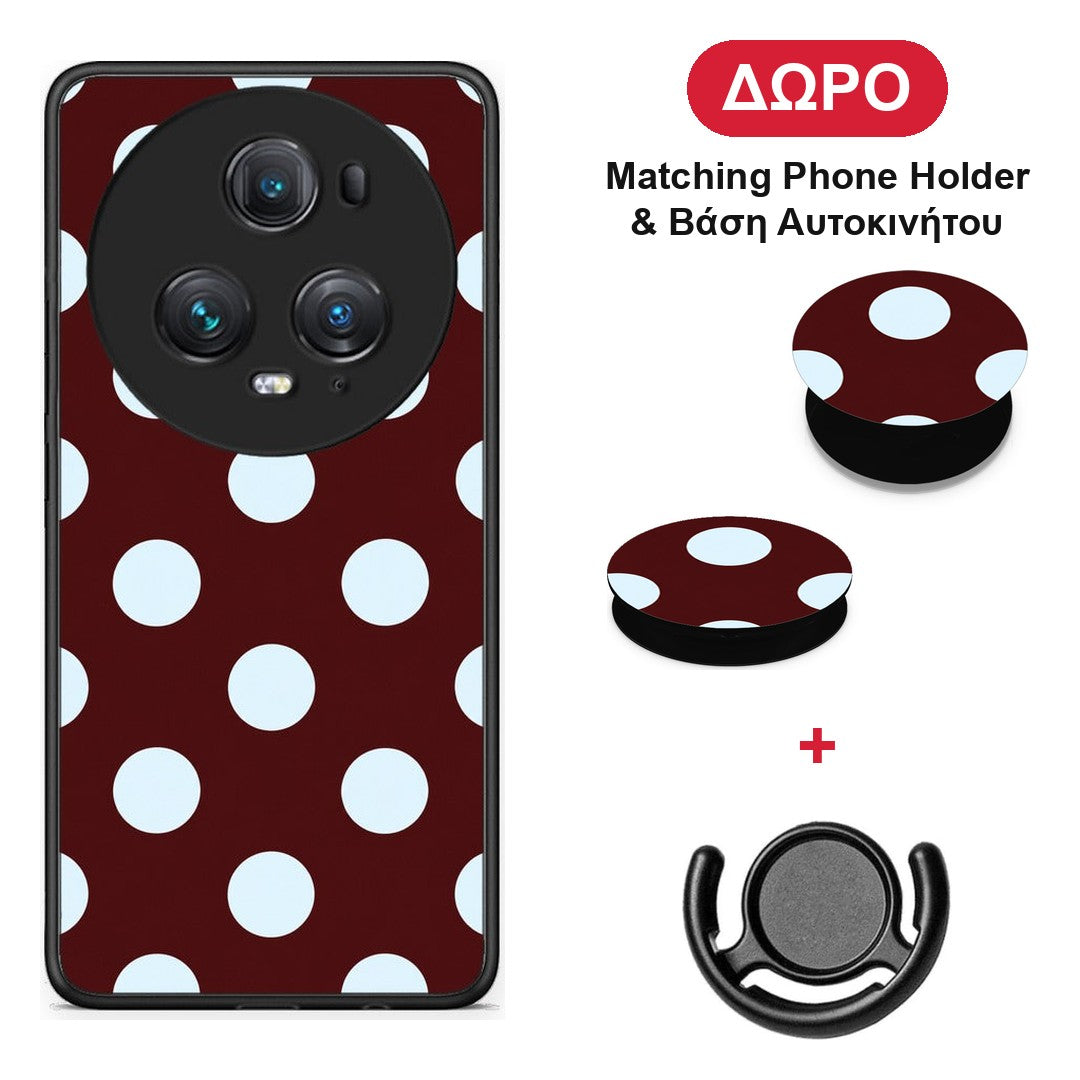 Pale Blue Large Polka Dots on Burgundy - Honor Magic5 Pro θήκη + Δώρο Phone Holder & Βάση Αυτοκινήτου