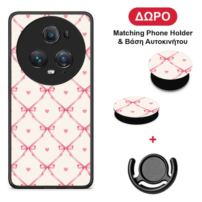 Pink Bow Lattice and Hearts on Cream - Honor Magic5 Pro θήκη + Δώρο Phone Holder & Βάση Αυτοκινήτου