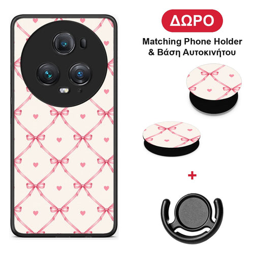 Pink Bow Lattice and Hearts on Cream - Honor Magic5 Pro θήκη + Δώρο Phone Holder & Βάση Αυτοκινήτου