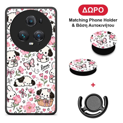Pink Florals Puppies and Bunnies on White - Honor Magic5 Pro θήκη + Δώρο Phone Holder & Βάση Αυτοκινήτου