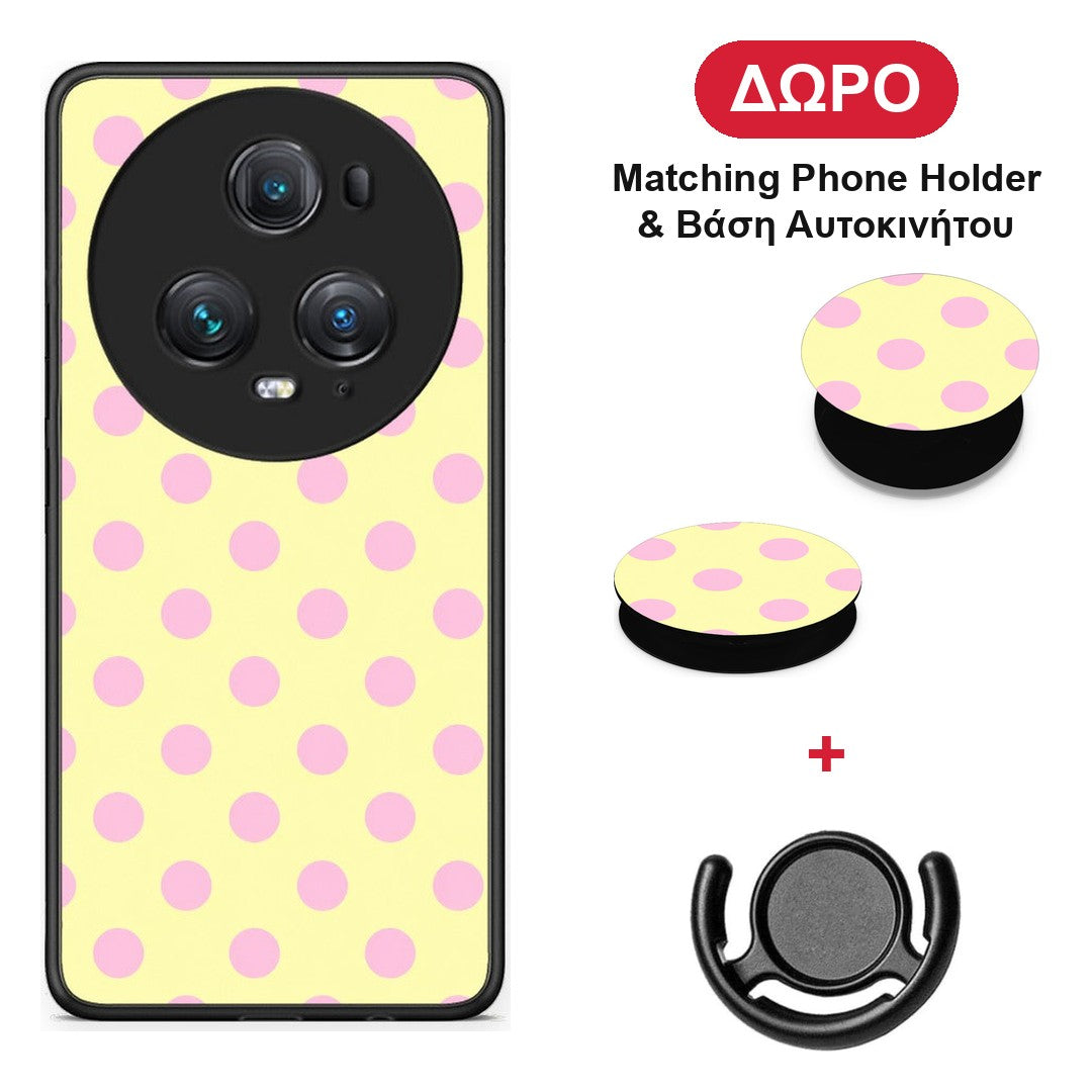 Pink Polka Dots on Yellow - Honor Magic5 Pro θήκη + Δώρο Phone Holder & Βάση Αυτοκινήτου