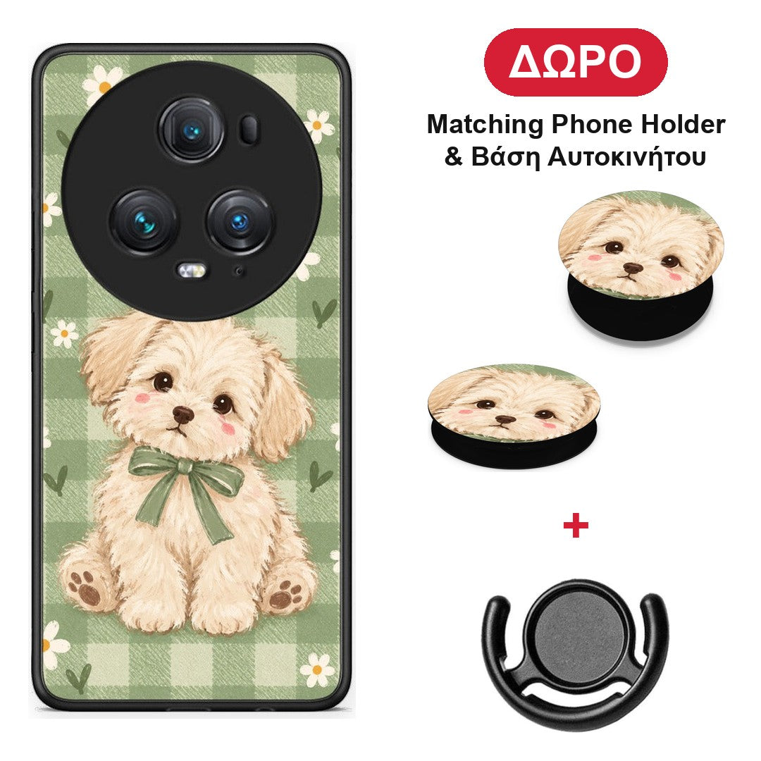 Puppy and Daisies on Sage Gingham - Honor Magic5 Pro θήκη + Δώρο Phone Holder & Βάση Αυτοκινήτου