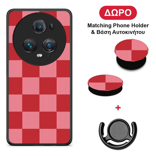 Red and Pink Striped Checks - Honor Magic5 Pro θήκη + Δώρο Phone Holder & Βάση Αυτοκινήτου