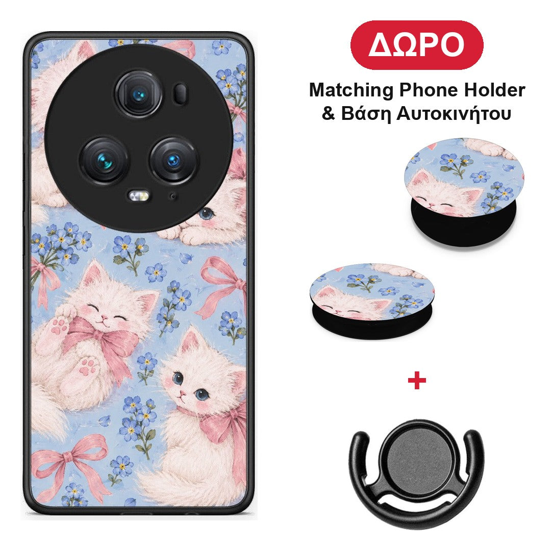 White Kittens and Blue Flowers Large - Honor Magic5 Pro θήκη + Δώρο Phone Holder & Βάση Αυτοκινήτου