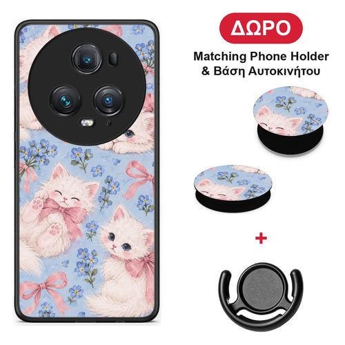 White Kittens and Blue Flowers Large - Honor Magic5 Pro θήκη + Δώρο Phone Holder & Βάση Αυτοκινήτου