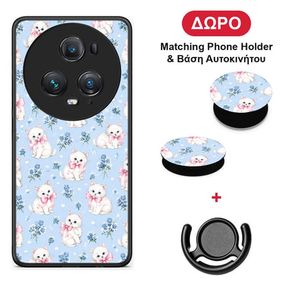 White Kittens and Blue Flowers Small - Honor Magic5 Pro θήκη + Δώρο Phone Holder & Βάση Αυτοκινήτου