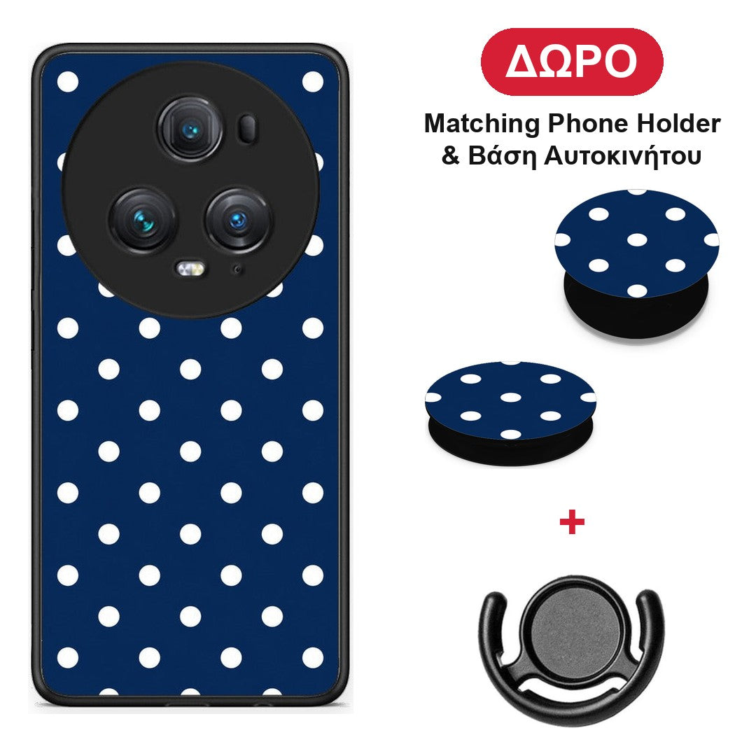White Small Polka Dots on Navy - Honor Magic5 Pro θήκη + Δώρο Phone Holder & Βάση Αυτοκινήτου