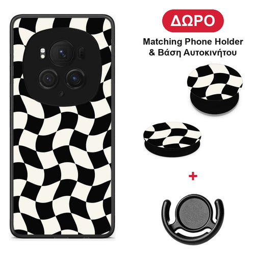 Black and Cream Wavy Checkerboard - Honor Magic6 Pro θήκη + Δώρο Phone Holder & Βάση Αυτοκινήτου