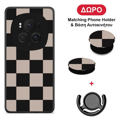 Black and Taupe Striped Checks - Honor Magic6 Pro θήκη + Δώρο Phone Holder & Βάση Αυτοκινήτου