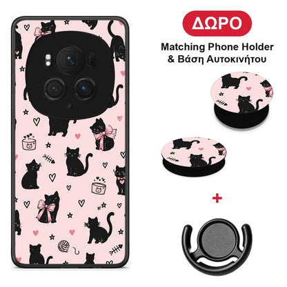 Black Cat Doodles on Pink - Honor Magic6 Pro θήκη + Δώρο Phone Holder & Βάση Αυτοκινήτου