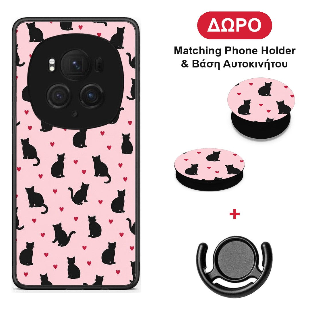Black Cat Silhouettes and Hearts on Pink - Honor Magic6 Pro θήκη + Δώρο Phone Holder & Βάση Αυτοκινήτου