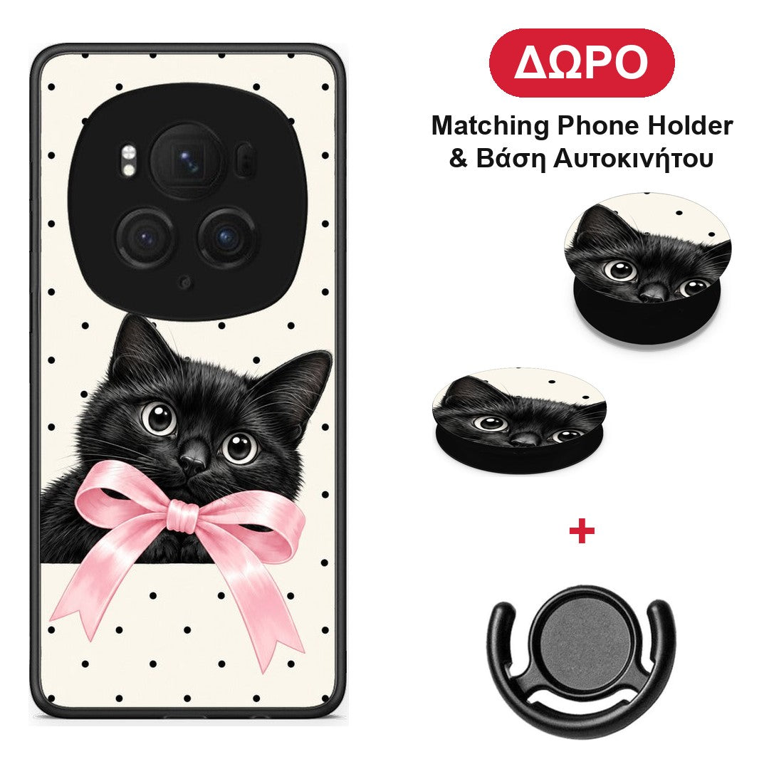 Black Kitten Pink Bow and Polka Dots - Honor Magic6 Pro θήκη + Δώρο Phone Holder & Βάση Αυτοκινήτου