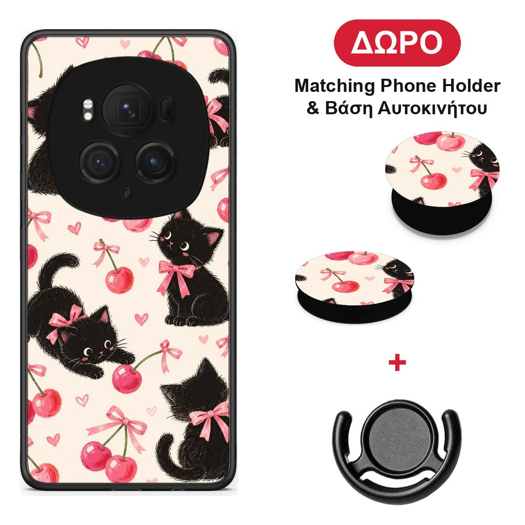 Black Kittens and Cherries on Cream - Honor Magic6 Pro θήκη + Δώρο Phone Holder & Βάση Αυτοκινήτου