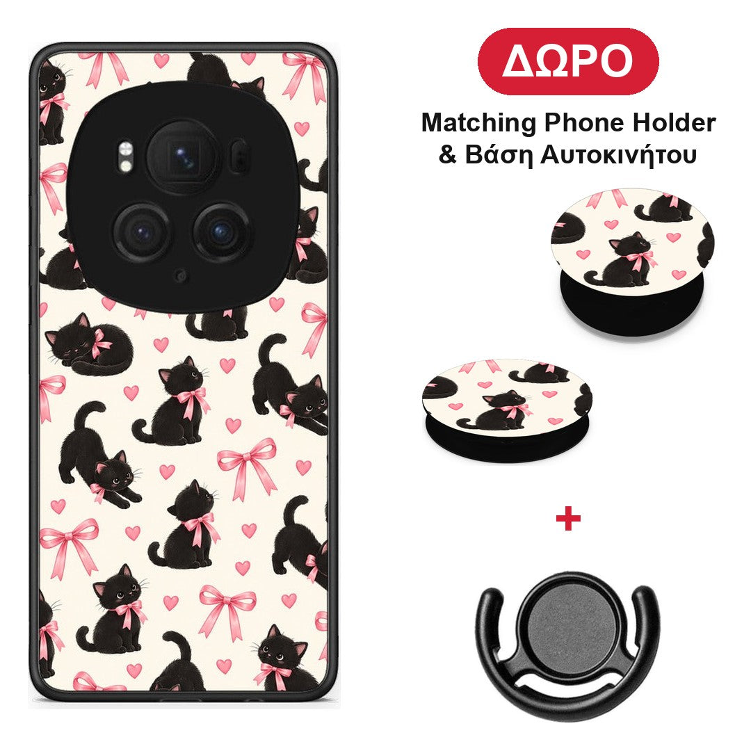 Black Kittens and Pink Bows on Cream Small - Honor Magic6 Pro θήκη + Δώρο Phone Holder & Βάση Αυτοκινήτου