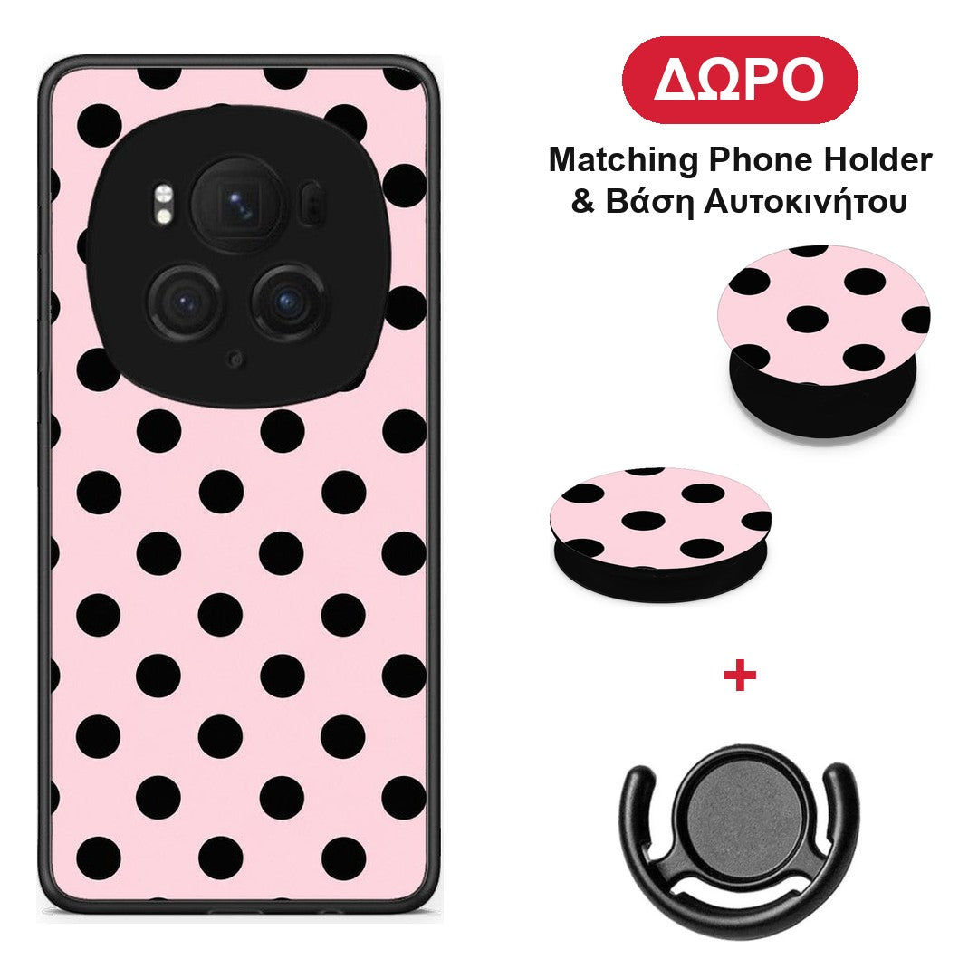 Black Polka Dots on Pink - Honor Magic6 Pro θήκη + Δώρο Phone Holder & Βάση Αυτοκινήτου