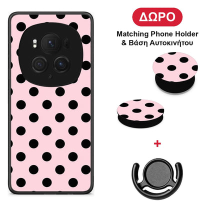 Black Polka Dots on Pink - Honor Magic6 Pro θήκη + Δώρο Phone Holder & Βάση Αυτοκινήτου