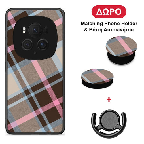 Brown Pink and Blue Diagonal Plaid - Honor Magic6 Pro θήκη + Δώρο Phone Holder & Βάση Αυτοκινήτου