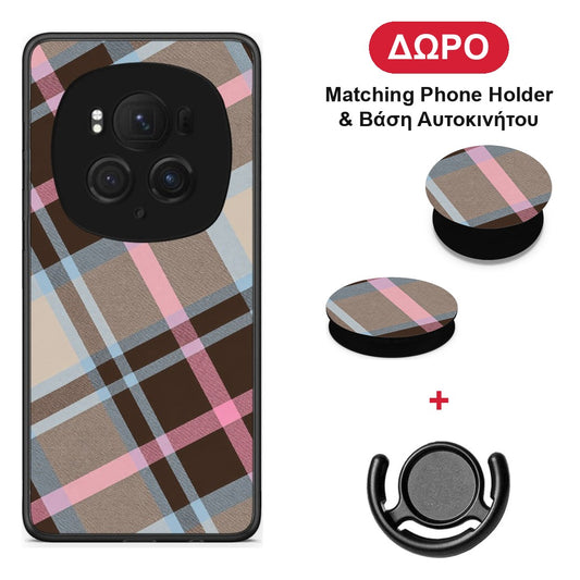 Brown Pink and Blue Diagonal Plaid - Honor Magic6 Pro θήκη + Δώρο Phone Holder & Βάση Αυτοκινήτου