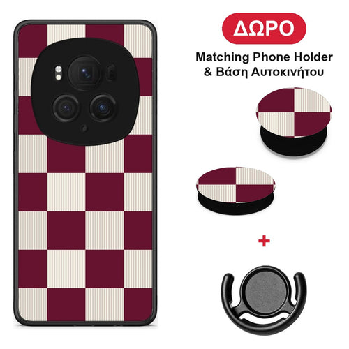 Burgundy and Cream Striped Checks - Honor Magic6 Pro θήκη + Δώρο Phone Holder & Βάση Αυτοκινήτου