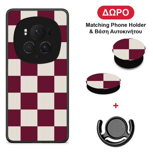 Burgundy and Cream Striped Checks - Honor Magic6 Pro θήκη + Δώρο Phone Holder & Βάση Αυτοκινήτου