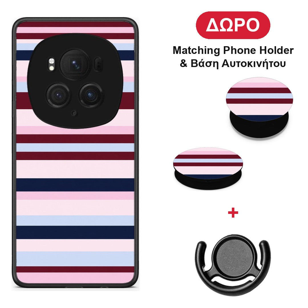 Burgundy Pink and Blue Horizontal Stripes - Honor Magic6 Pro θήκη + Δώρο Phone Holder & Βάση Αυτοκινήτου
