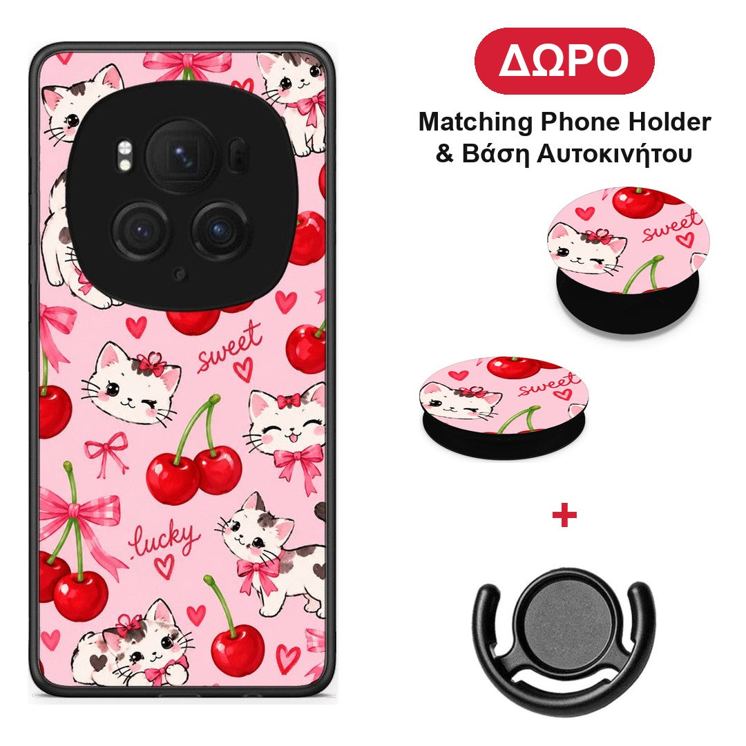 Cherries Bows and Kittens on Pink - Honor Magic6 Pro θήκη + Δώρο Phone Holder & Βάση Αυτοκινήτου