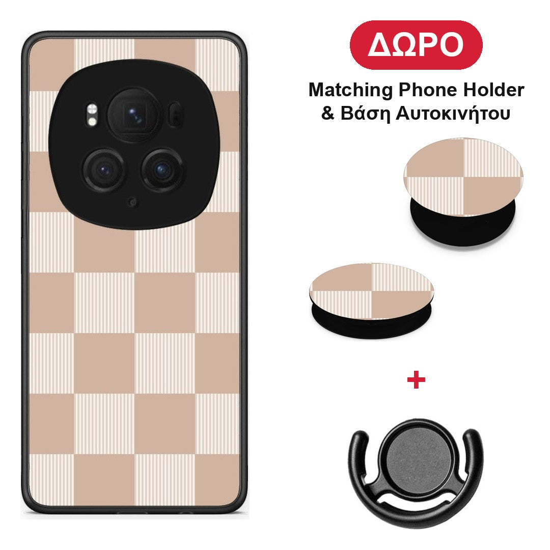 Latte and Cream Striped Checks - Honor Magic6 Pro θήκη + Δώρο Phone Holder & Βάση Αυτοκινήτου