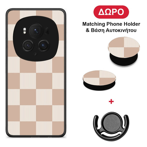 Latte and Cream Striped Checks - Honor Magic6 Pro θήκη + Δώρο Phone Holder & Βάση Αυτοκινήτου