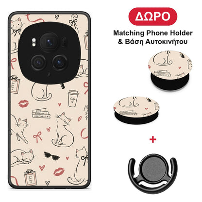 Minimal Cat and Fashion Doodles on Cream - Honor Magic6 Pro θήκη + Δώρο Phone Holder & Βάση Αυτοκινήτου