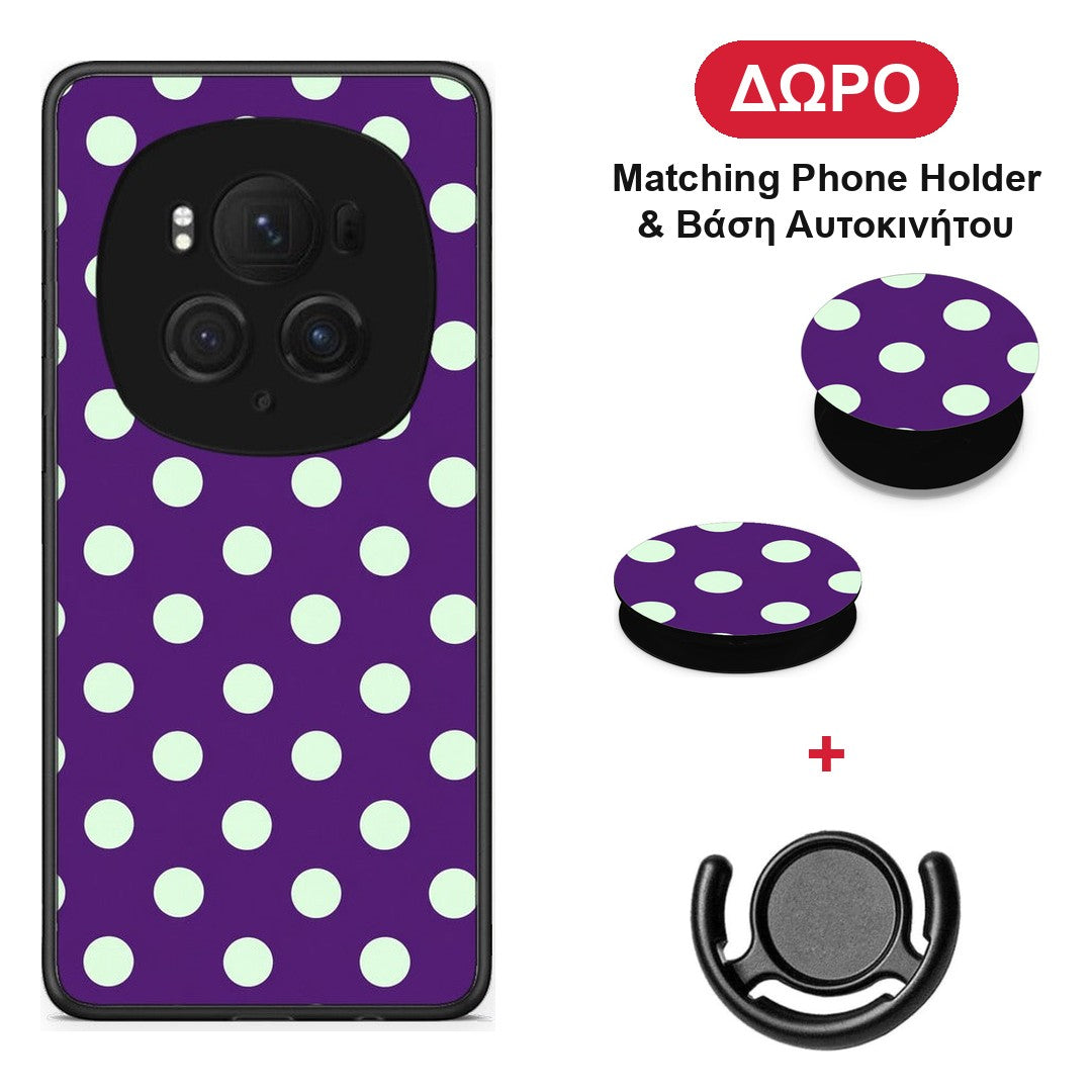 Mint Polka Dots on Purple - Honor Magic6 Pro θήκη + Δώρο Phone Holder & Βάση Αυτοκινήτου