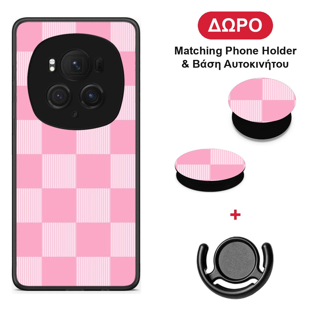 Pink and White Striped Checks - Honor Magic6 Pro θήκη + Δώρο Phone Holder & Βάση Αυτοκινήτου