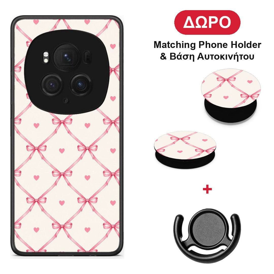 Pink Bow Lattice and Hearts on Cream - Honor Magic6 Pro θήκη + Δώρο Phone Holder & Βάση Αυτοκινήτου