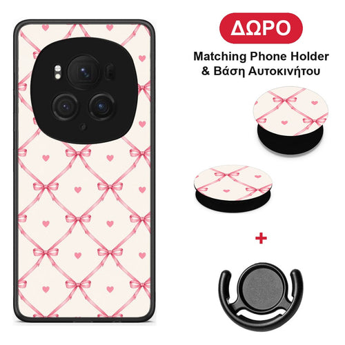 Pink Bow Lattice and Hearts on Cream - Honor Magic6 Pro θήκη + Δώρο Phone Holder & Βάση Αυτοκινήτου