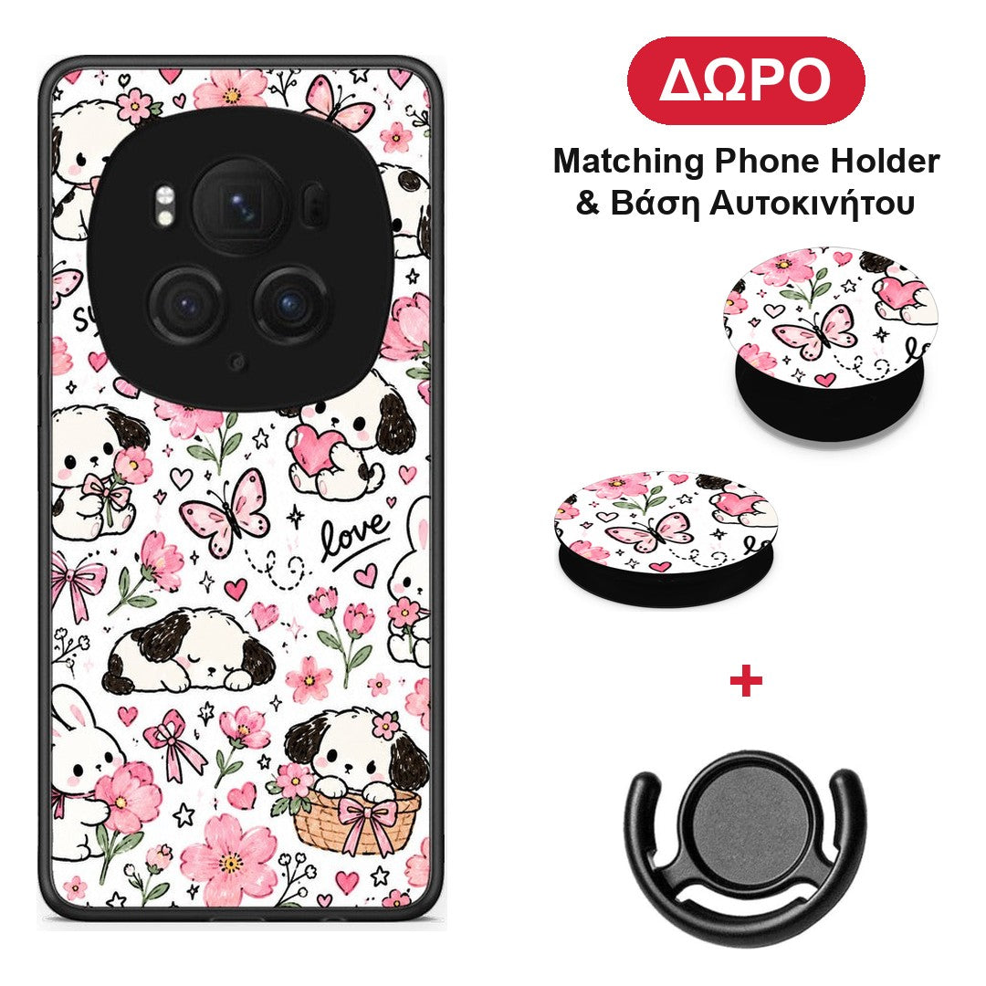 Pink Florals Puppies and Bunnies on White - Honor Magic6 Pro θήκη + Δώρο Phone Holder & Βάση Αυτοκινήτου