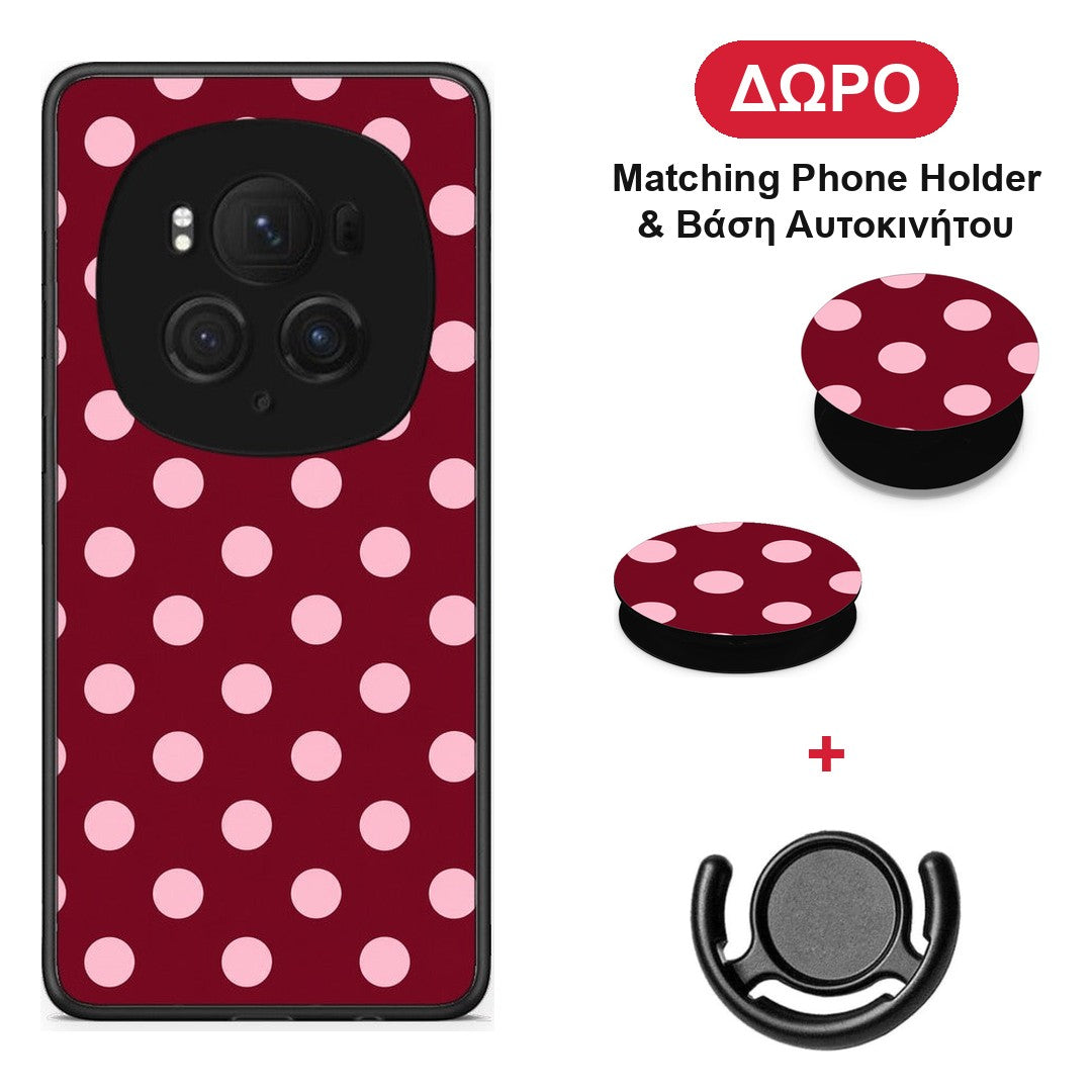 Pink Polka Dots on Burgundy - Honor Magic6 Pro θήκη + Δώρο Phone Holder & Βάση Αυτοκινήτου