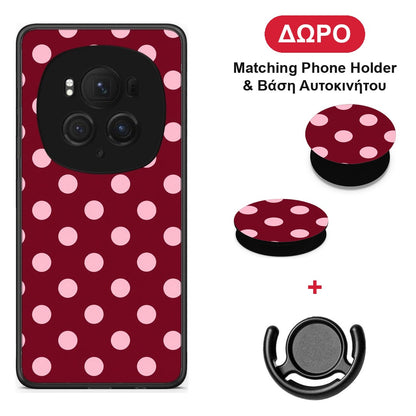 Pink Polka Dots on Burgundy - Honor Magic6 Pro θήκη + Δώρο Phone Holder & Βάση Αυτοκινήτου