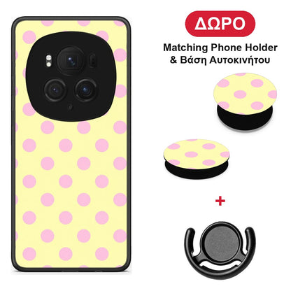 Pink Polka Dots on Yellow - Honor Magic6 Pro θήκη + Δώρο Phone Holder & Βάση Αυτοκινήτου