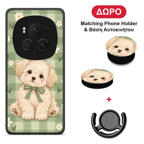 Puppy and Daisies on Sage Gingham - Honor Magic6 Pro θήκη + Δώρο Phone Holder & Βάση Αυτοκινήτου